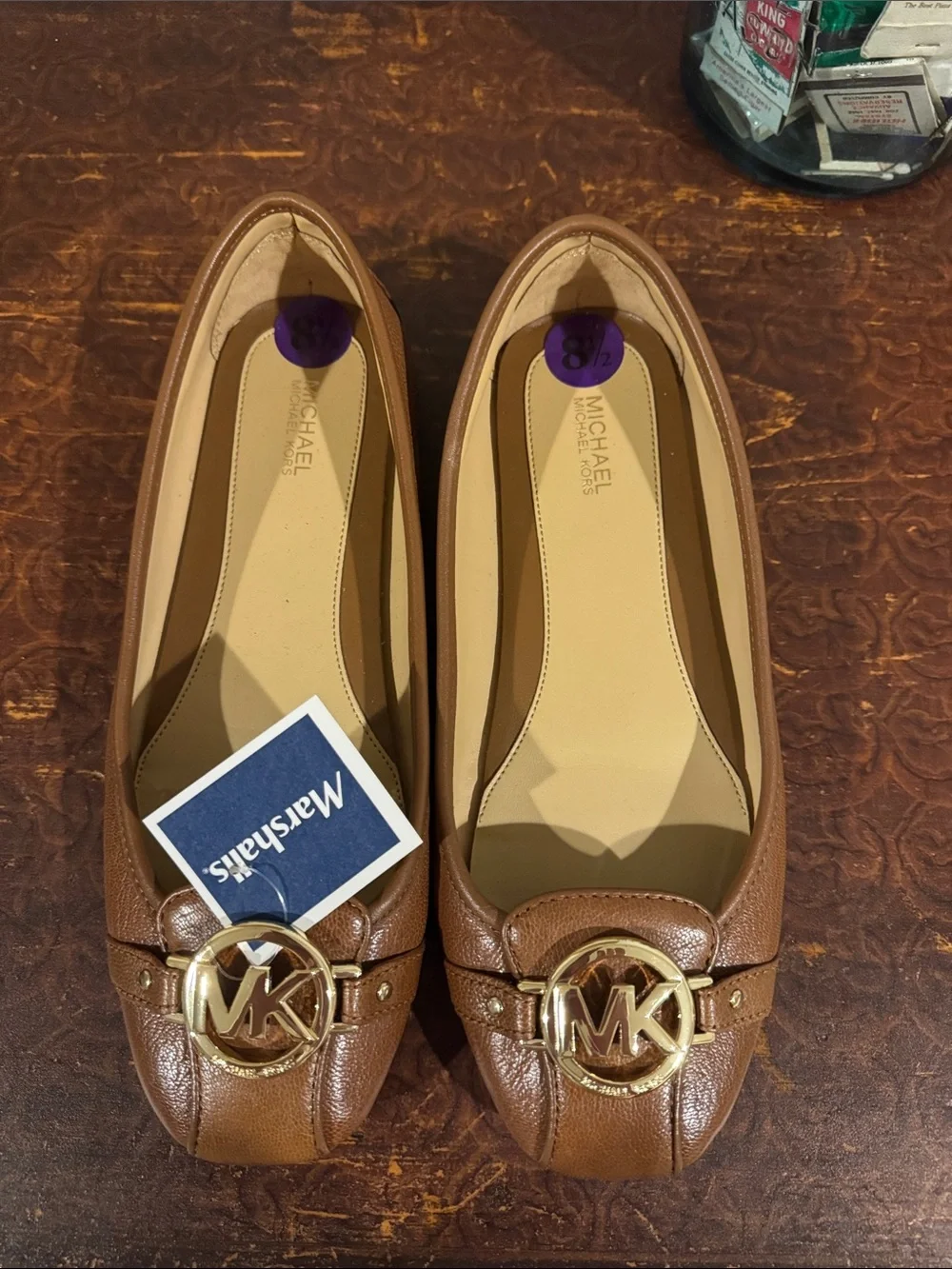 MICHAEL Michael Kors Chestnut Brown Leather MK Logo Ballet Flats
